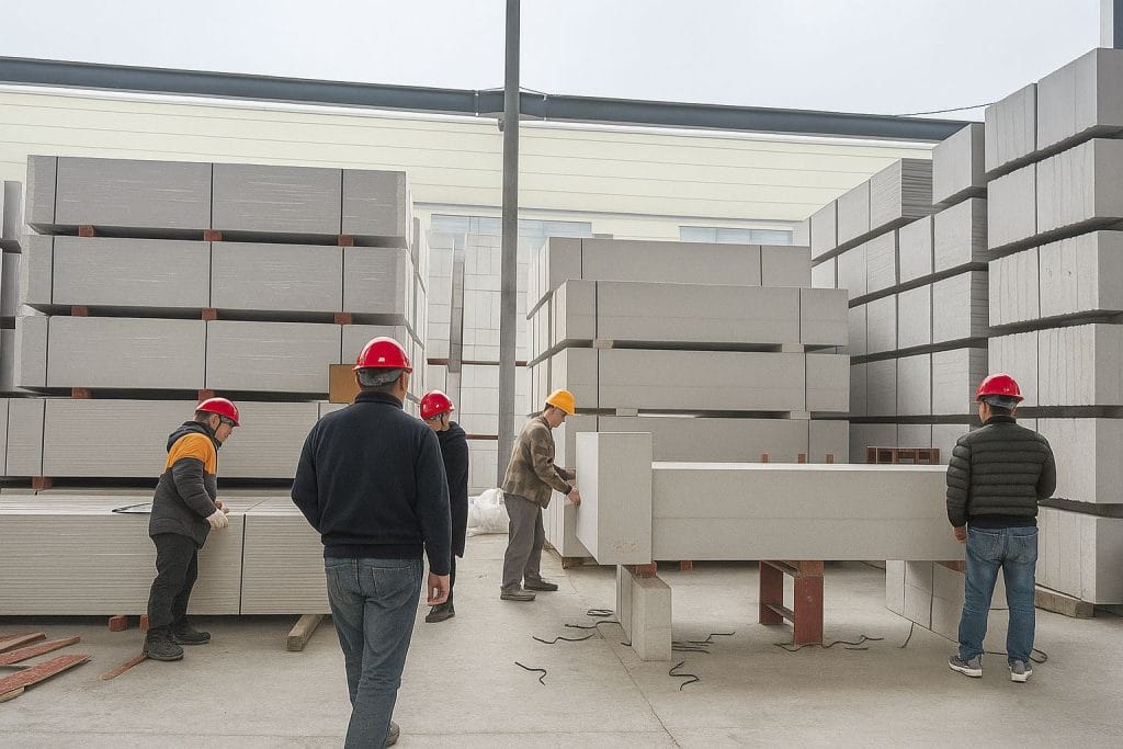 Workers installing ALC panels (lightweight concrete wall panels) at a factory for fast, clean industrial construction.